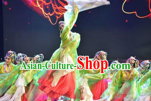 Traditional Chinese Classical Dance Flowers Contend in Beauty Costume Peking Opera Water Sleeve Green Dress for Women