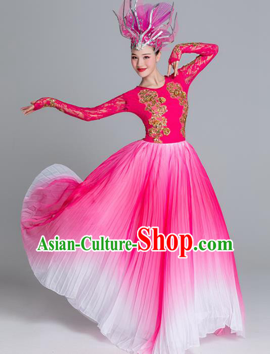 Traditional Chinese Classical Dance Rosy Dress Stage Show Opening Dance Costume for Women
