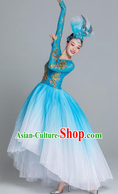 Traditional Chinese Classical Dance Chorus Blue Dress Stage Show Opening Dance Costume for Women