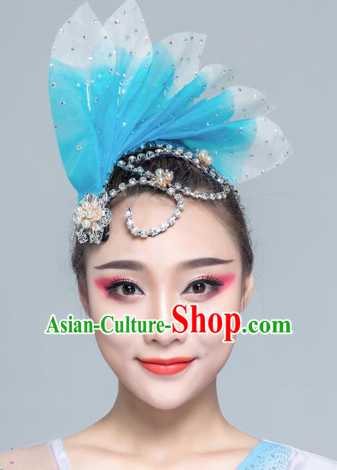 Traditional Chinese Folk Dance Blue Leaf Hair Clasp Fan Dance Yanko Dance Headwear for Women