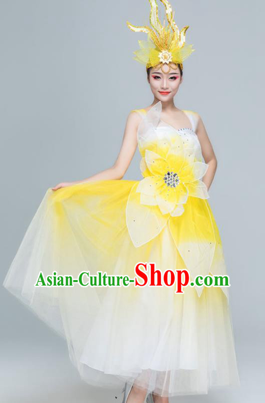 Traditional Chinese Spring Festival Gala Opening Dance Yellow Dress Stage Show Chorus Costume for Women