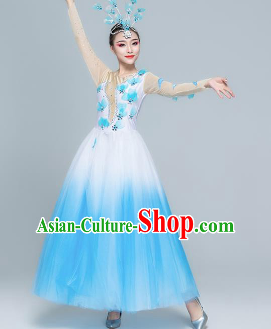 Traditional Chinese Spring Festival Gala Modern Dance Blue Dress Stage Show Chorus Opening Dance Costume for Women