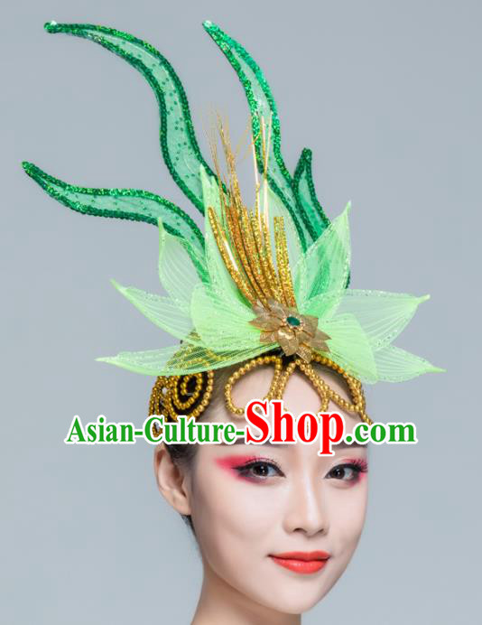 Traditional Chinese Yangko Dance Green Lotus Hair Claw Folk Dance Fan Dance Headwear for Women