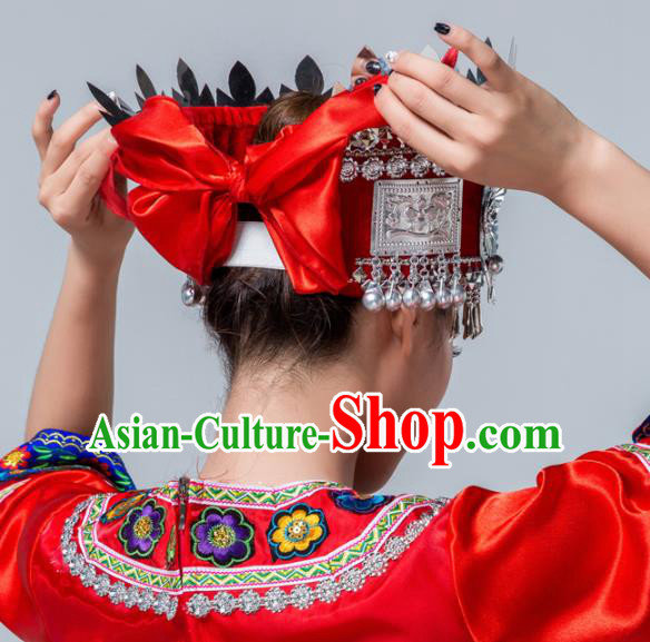 Traditional Chinese Miao Nationality Red Hat Ethnic Folk Dance Headwear for Women