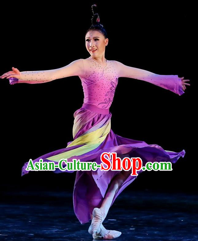 Traditional Chinese Classical Dance Qie Kan Xing Yun Costume Stage Show Beautiful Dance Purple Dress for Women