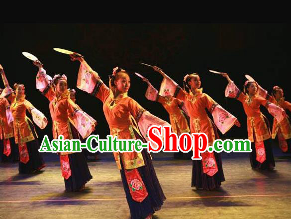 Chinese Beautiful Dance Wan Shan Shi Nv Orange Costume Traditional Palace Fan Classical Dance Competition Dress for Women