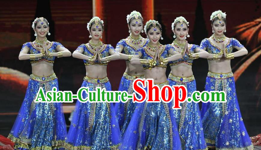Traditional Chinese Classical Dance Competition Si Lu Ni Shang Blue Costume Indian Dance Stage Show Beautiful Dance Dress for Women