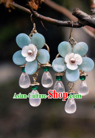 Chinese Ancient Princess Blue Flower Ear Accessories Traditional Hanfu Earrings for Women
