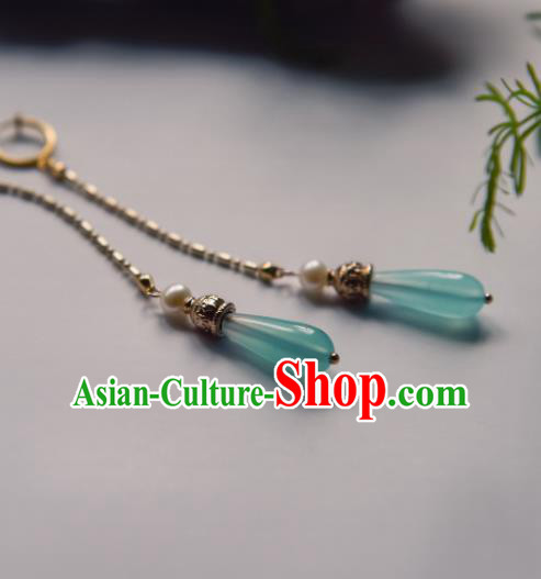 Chinese Ancient Princess Blue Tassel Ear Accessories Traditional Hanfu Earrings for Women