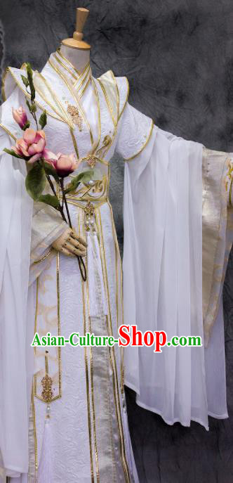 Traditional Chinese Cosplay King Swordsman White Costume Ancient Royal Highness Hanfu Clothing for Men