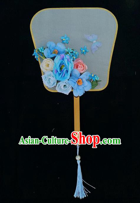 Chinese Ancient Princess Wedding Blue Flowers Palace Fans Traditional Hanfu Round Fan for Women
