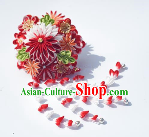 Japanese Geisha Kimono Red Chrysanthemum Tassel Hair Claw Hairpins Traditional Hair Accessories for Women