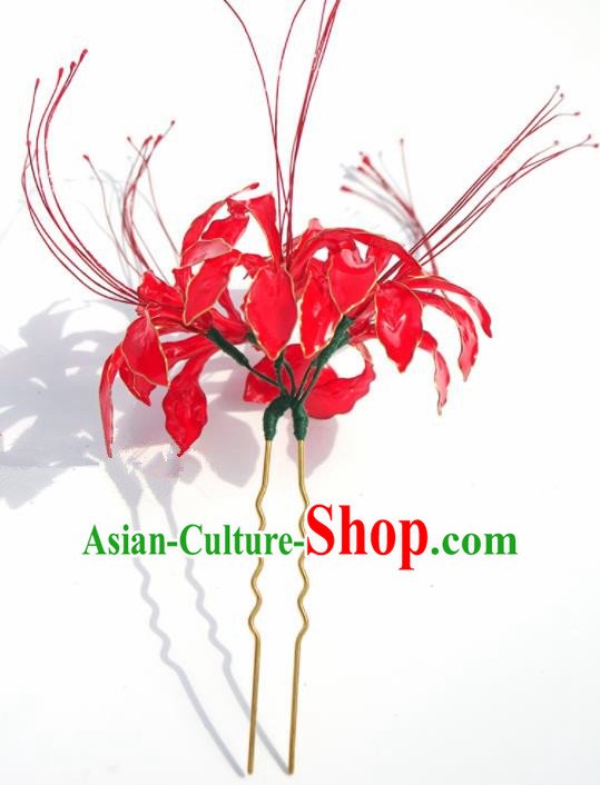 Japanese Geisha Kimono Red Spider Lily Hairpins Traditional Yamato Hair Accessories for Women