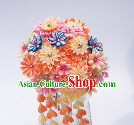 Japanese Geisha Kimono Orange Chrysanthemum Tassel Hairpins Traditional Yamato Hair Accessories for Women