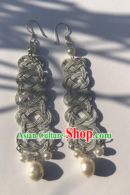 Japanese Ancient Argent Thread Pearl Ear Accessories Traditional Kimono Earrings for Women