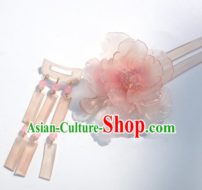 Japanese Geisha Kimono Pink Peony Tassel Hairpins Traditional Yamato Hair Accessories for Women