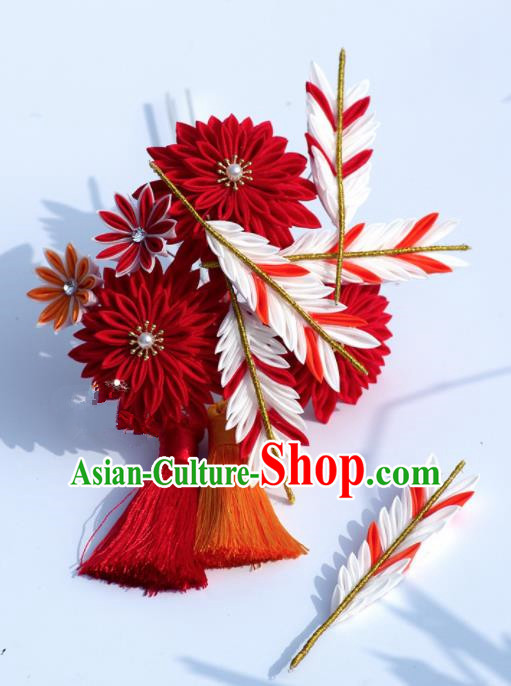 Japanese Geisha Kimono Red Chrysanthemum Tassel Hairpins Traditional Yamato Hair Accessories for Women