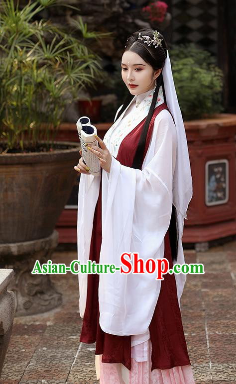 Traditional Chinese Ming Dynasty Imperial Consort Historical Costume Ancient Drama Taoist Nun Wine Red Hanfu Dress for Women