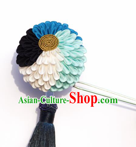 Japanese Geisha Kimono Blue Chrysanthemum Hairpins Traditional Yamato Hair Accessories for Women