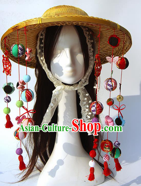 Japanese Geisha Kimono Bamboo Hat Traditional Yamato Sunhat Headwear for Women