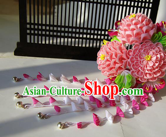 Japanese Geisha Kimono Pink Peony Bells Tassel Hairpins Traditional Yamato Hair Accessories for Women