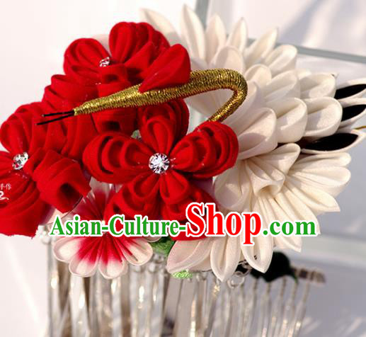 Japanese Geisha Kimono Red Sakura Crane Tassel Hairpins Traditional Yamato Hair Accessories for Women
