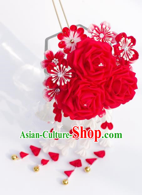 Japanese Geisha Kimono Red Roses Tassel Hairpins Traditional Yamato Hair Accessories for Women