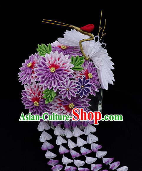 Japanese Geisha Kimono Purple Wisteria Crane Tassel Hairpins Traditional Yamato Hair Accessories for Women