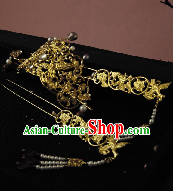 Chinese Ancient Ming Dynasty Golden Crane Hairpins Hair Crown Traditional Hanfu Hair Accessories for Women