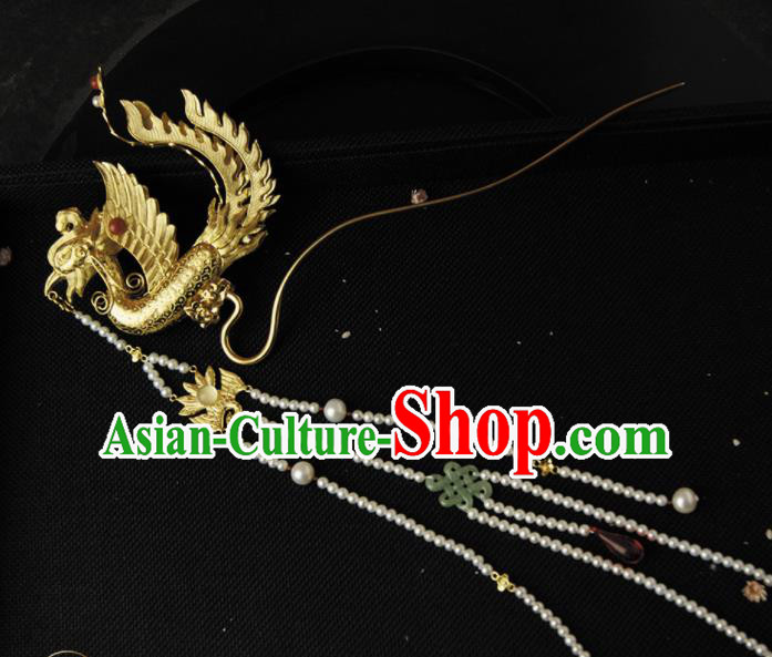 Chinese Ancient Ming Dynasty Golden Phoenix Tassel Hairpins Step Shake Traditional Hanfu Hair Accessories for Women