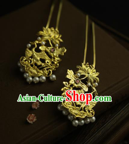 Chinese Ancient Queen Golden Lotus Crane Hairpins Traditional Hanfu Hair Clip Hair Accessories for Women