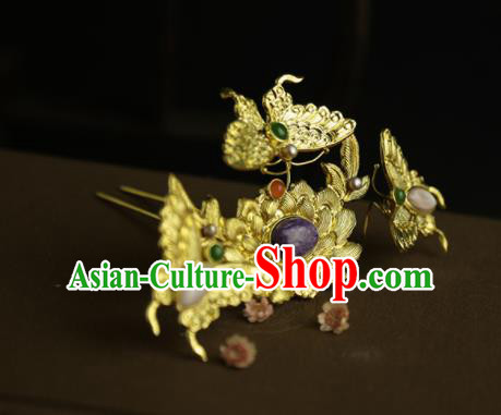 Chinese Ancient Queen Golden Butterfly Lotus Hairpins Traditional Hanfu Hair Clip Hair Accessories for Women