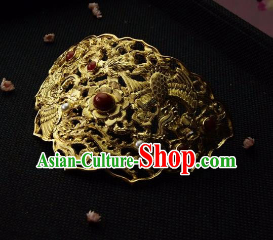 Chinese Ancient Ming Dynasty Golden Crane Phoenix Hairpins Hair Crown Traditional Hanfu Hair Accessories for Women