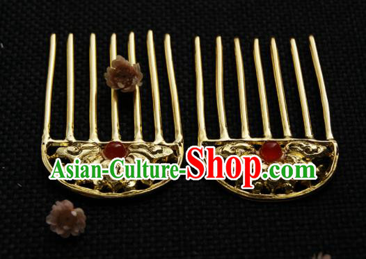 Chinese Ancient Queen Golden Carving Lotus Hair Comb Hairpins Traditional Hanfu Hair Accessories for Women