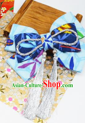 Japanese Geisha Oiran Kimono Light Blue Bowknot Tassel Hair Claw Hairpins Traditional Yamato Hair Accessories for Women