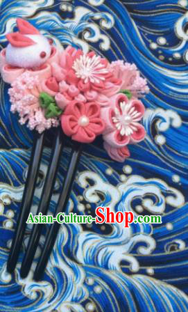 Japanese Geisha Courtesan Kimono Pink Chrysanthemum Rabbit Hairpins Traditional Yamato Hair Accessories for Women