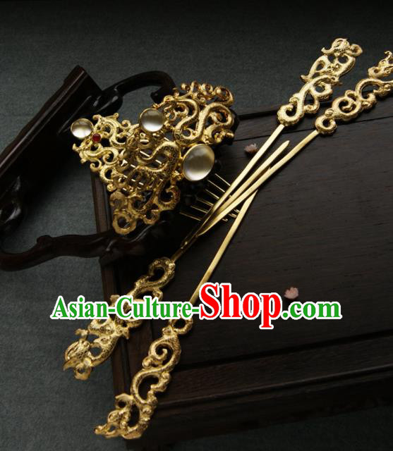 Chinese Ancient Tang Dynasty Queen Hair Comb Golden Hairpins Traditional Hanfu Hair Accessories for Women