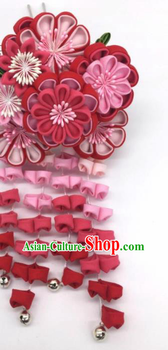 Japanese Geisha Courtesan Kimono Wine Red Sakura Tassel Hairpins Traditional Yamato Hair Accessories for Women