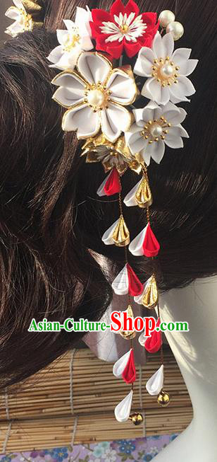 Japanese Geisha Courtesan Kimono White Sakura Hair Comb Tassel Hairpins Traditional Yamato Hair Accessories for Women