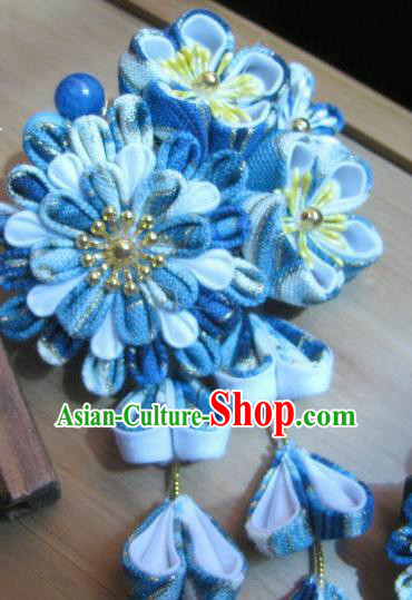 Japanese Geisha Courtesan Blue Sakura Tassel Hair Claw Hairpins Traditional Yamato Kimono Hair Accessories for Women