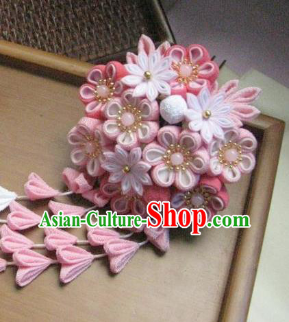 Japanese Geisha Courtesan Pink Sakura Tassel Hairpins Traditional Yamato Kimono Hair Accessories for Women