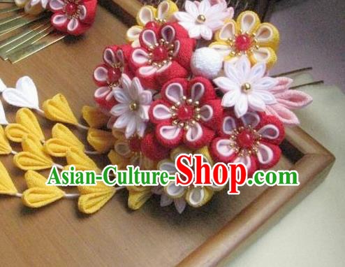 Japanese Geisha Courtesan Red Sakura Tassel Hairpins Traditional Yamato Kimono Hair Accessories for Women