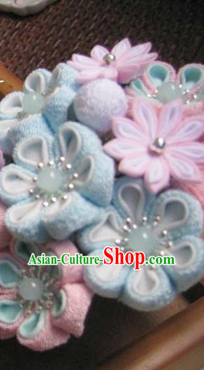 Japanese Geisha Courtesan Blue Sakura Tassel Hairpins Traditional Yamato Kimono Hair Accessories for Women