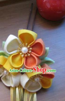 Japanese Geisha Courtesan Yellow Sakura Hair Stick Hairpins Traditional Yamato Kimono Hair Accessories for Women