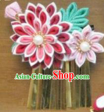 Japanese Geisha Courtesan Pink Chrysanthemum Hair Claw Hairpins Traditional Yamato Kimono Hair Accessories for Women
