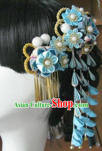 Japanese Geisha Courtesan Blue Sakura Hair Claw and Hairpins Traditional Yamato Kimono Hair Accessories for Women