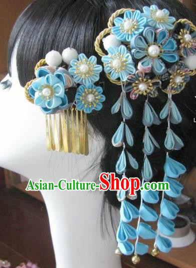 Japanese Geisha Courtesan Blue Sakura Hair Claw and Hairpins Traditional Yamato Kimono Hair Accessories for Women