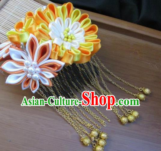 Japanese Geisha Courtesan Yellow Chrysanthemum Hair Comb Traditional Yamato Kimono Hair Accessories for Women