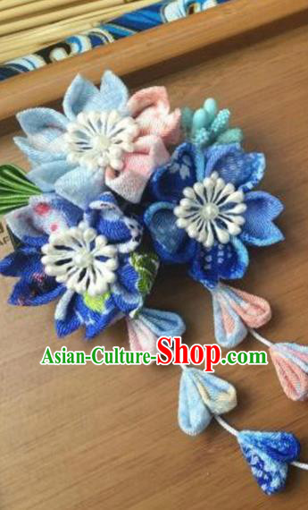 Japanese Geisha Courtesan Kimono Blue Sakura Tassel Hair Claw Hairpins Traditional Yamato Hair Accessories for Women