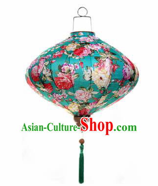 Chinese Traditional Green Silk Hanging Lantern New Year Handmade Painting Peony Palace Lanterns